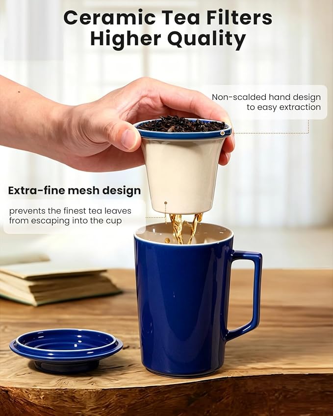 15 OZ Porcelain Tea Infuser Cup with Lid,Ceramic Tea Mug with All-Porcelain Strainer for Loose Leaf Teas,Microwave and Dishwasher Safe Tea Mug,Metal-Free,BPA-Free for Tea Lovers (Navy Blue)