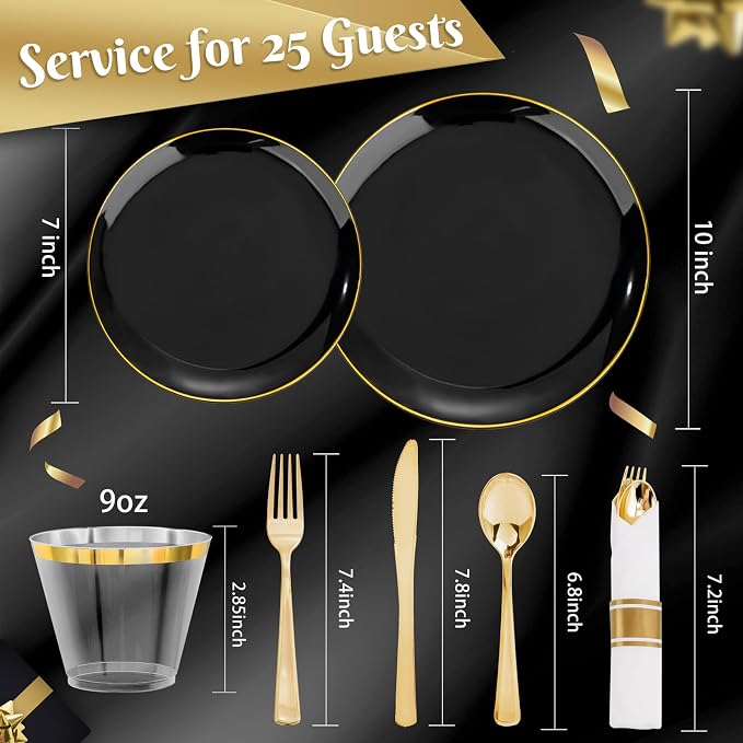 KIRE 175Pcs Black Plates Disposable - Heavy Duty Black and Gold Plastic Plates- 25 for Dinner 25 for Dessert 25 Pre Rolled Gold Silverware and 25 Cups for Graduation/Party/Wedding/Father's Day