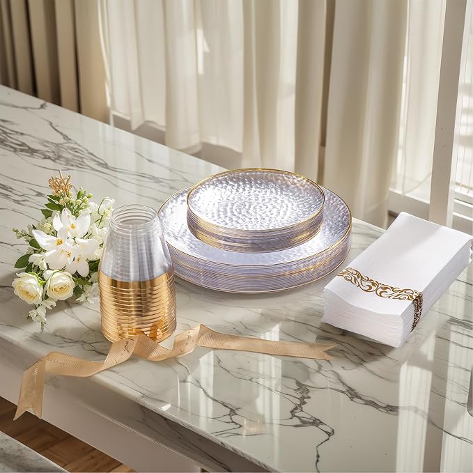 DaYammi 175PCS Clear Gold Plastic Dinnerware Set, Plastic Plates Disposable Hammered Disposable Plates for Party, Include: 25 Dinner Plates 25 Dessert Plates 75 Gold Silverware 25 Napkins 25 Cups