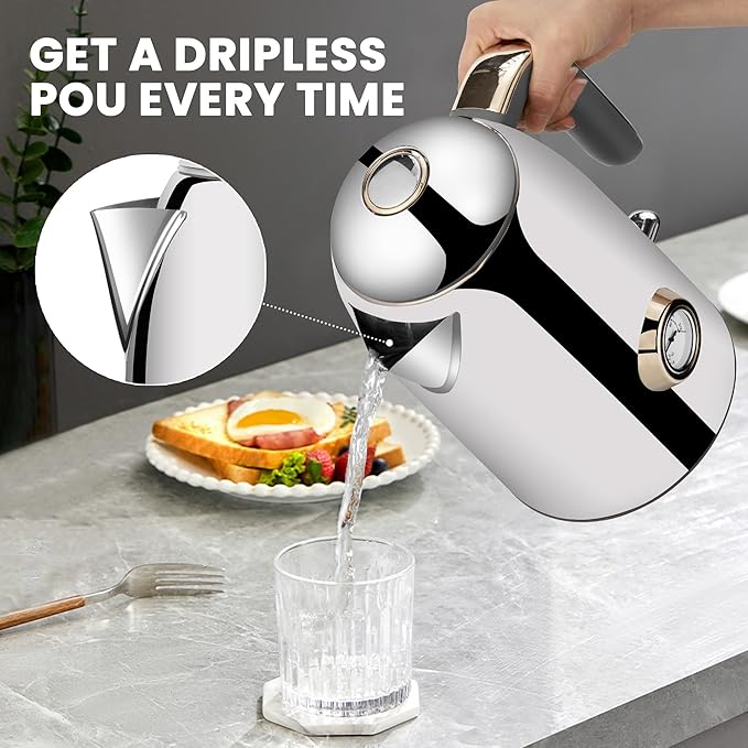 SUSTEAS 57oz Electric Kettle with Thermometer, Hot Water Pot, Glossy Silver | Electric Tea Kettle for Boiling Water, 1500W Stainless Steel Pot, Cordless LED Indicator, Auto Shut-Off & Boil Dry Protection