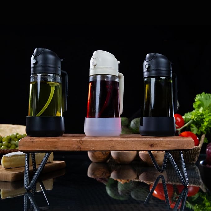 MBO 2-in-1 Olive Oil Spray Bottle for Cooking – 16oz / 470ml Glass Dispenser with Silicone-Encased Base, Mist & Pour Spout – Refillable Kitchen Gadget for Air Fryer, Salad, BBQ