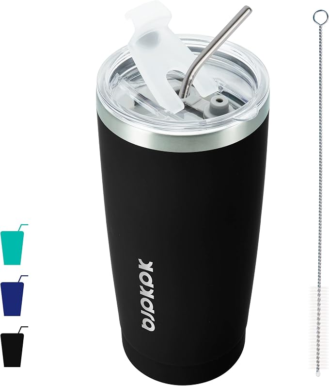 BJPKPK 20 oz Coffee Tumbler with Lid, Straw, Insulated Stainless Steel Mug | Double Wall Vacuum, Keeps Hot/Cold, BPA Free, Leak Proof, Iced Coffee Cup Fit Car Holder, Travel & Beach Ready, Black