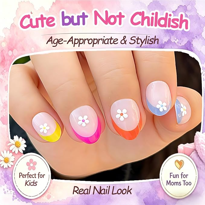 24pcs Press on Nails for Kids, 3D Flowers Design for Teenager Girls 8-12 | Colorful Almond French Tip, 12 Size, Non-Toxic, Fashion Nail Kit with Adhesive Tabs, Nail File for Christmas, Birthday, Party