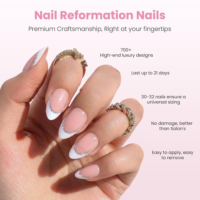 Nail Reformation Silver Lining Press On Nails, Short Almond, 16 Sizes 32Pcs | Nude Fake Nails in White Glitter French Tip in Glossy Finish, Gifts for Women