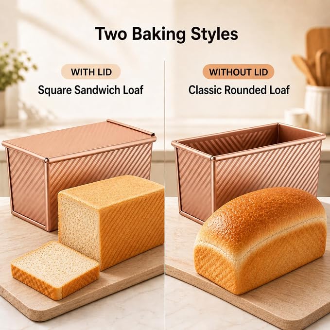 Pullman Loaf Pan with Lid, Aluminized Steel 1 Lb Nonstick Sandwich Bread Pan for Homemade Bread, 8.4x4.8 Inch Professional Rectangular Loaf Pan with Dough Scraper and Cutter