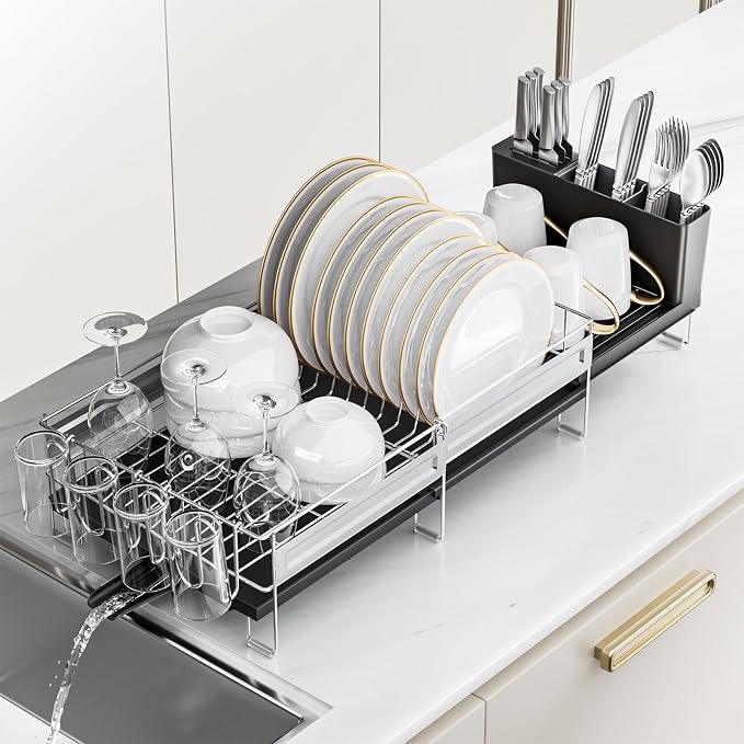 Stainless Steel Dish Drying Rack - Expandable Dish Racks for Kitchen Counter Organizer with Drain Board, Detachable Utensil & Cup Holder, Dish Drainer for Small Kitchen Counter, Black