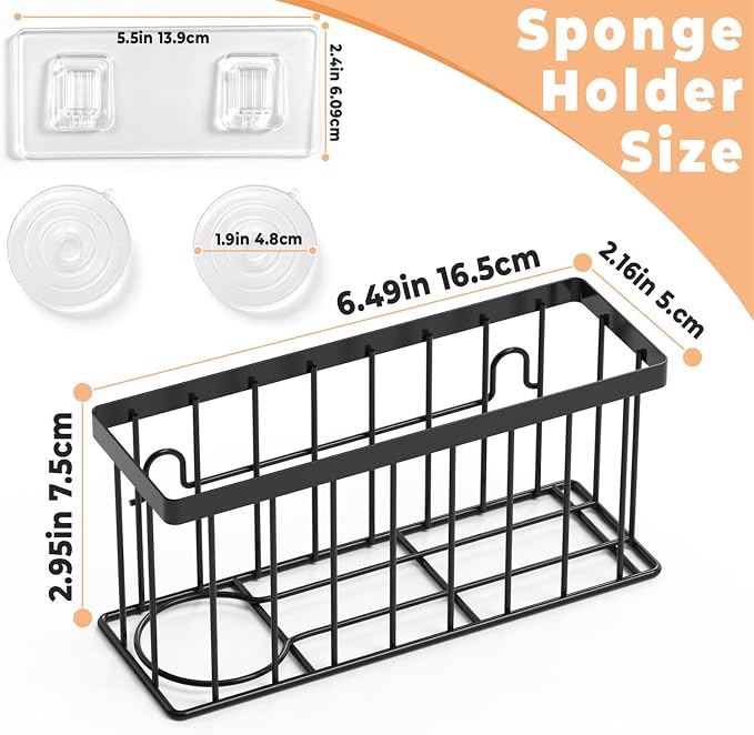 Vanwood Sponge Holder for Kitchen Sink with Strong Suction Cups/Adhesive Strips, Rustproof Compact Size Sink Caddy Organizer for Dish, Sponges, Scrapers, Stoppers (Black)