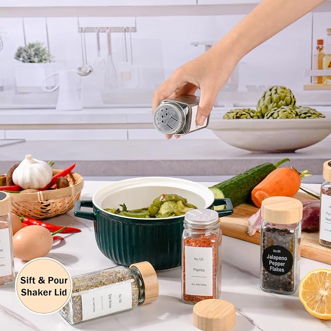 EHME EHME EHME 14 Pcs Glass Spice Jars Bamboo Lids with Lazy Susan Turntable Set, 10 Inch Non-Skid Lazy Susan Seasoning Containers Organization for Kitchen Cabinet Countertop, Spice Label Included.