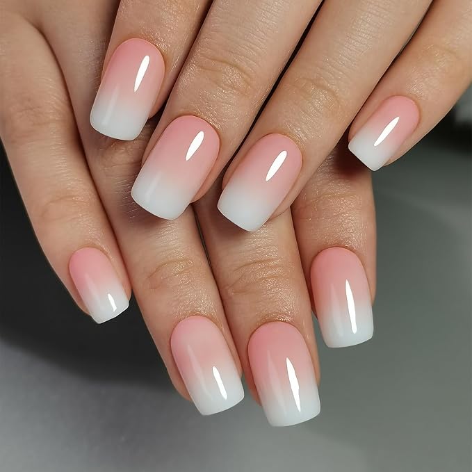 CurvLife Short Square Press On Nails, Ivory Pink Ombre,Soft Gel | 32PCS, 16 Sizes, Salon-Quality Natural Fake Nails, Curved Fit, 7-14 Day Glue-On Wear, Reusable Stick-On Nails, Press-On Kit