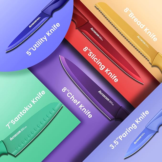 Astercook Knife Set, 12 Pcs Color-Coded Kitchen Knives Set, 6 Color Anti-Rust Coating Stainless Steel Chef Knife Sets with 6 Blade Guards Dishwasher Safe Fathers Day Gift for Men