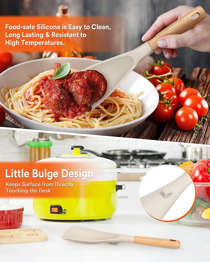 Cooking Spoon and Rice Scooper for Nonstick Cookware,Multi-function | Great for Cooking and Serving, Sturdy BPA-Free Matte Silicone, Wood Handle Spoon for Mixing, Scoop, and Scrape,9.3"+14.3"