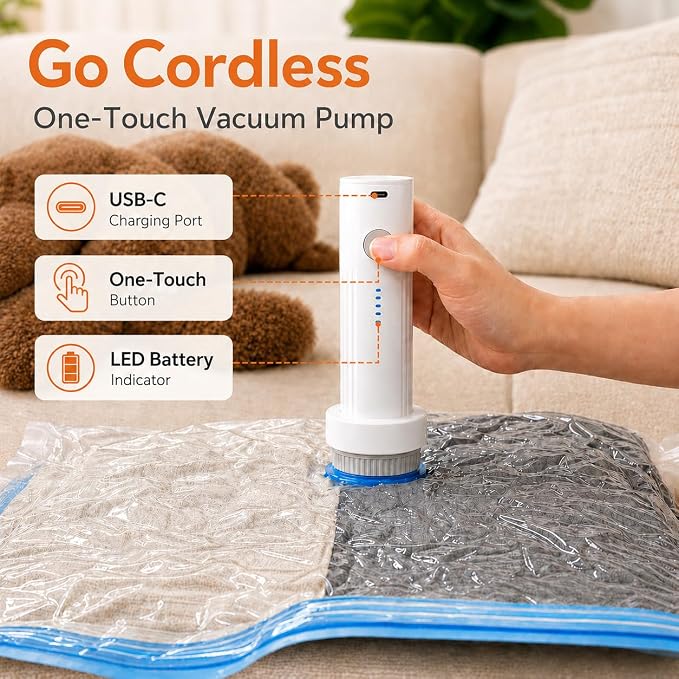 15 Pack Vacuum Bags for Travel with Rechargeable Pump, Save Luggage Space | Transparent Bag Design for Easy Clothing Organization, 1500mAh USB-C Wireless Pump, Ideal for Suitcases, Backpacks, Wardrobes