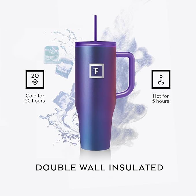 IRON °FLASK 40 oz Co-Pilot Insulated Travel Mug | Insulated Travel Mug with Straw & Flip Cap Lids - Cup Holder Fit, Leakproof, BPA Free (Clementine)