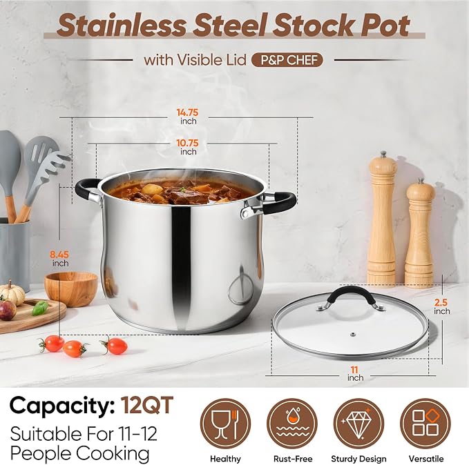 P&P CHEF 12 Quart Stainless Steel Stock Pot, Cooking Pot with Visible Lid | For Soup Pasta, Tri-Ply Bottom & Dual Heatproof Handles, For Induction Gas All Stoves, Non-Toxic & Dishwasher Safe