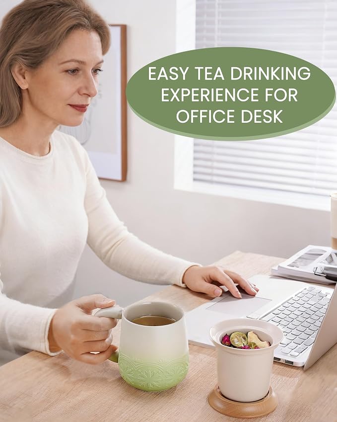 ZENS Tea Mug with Infuser and Lid for Loose Leaf Tea Steeper, 12oz Green | Embossed Ceramic Tea Cup with Strainer for Tea Lovers Gifts, Tea Diffusers Japandi Style Sunflower