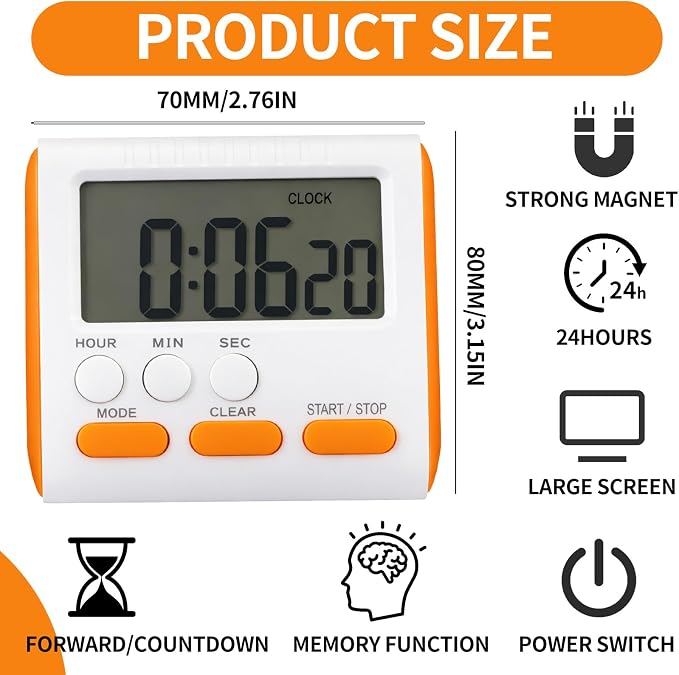 Mudder 3 Pack Digital Kitchen Timer for Cooking, Large Digits, 24 Hour Magnetic Backing Stand Kitchen Timers Clock for Classroom Kids Teachers, Loud Alarm and Large Screen (Orange)