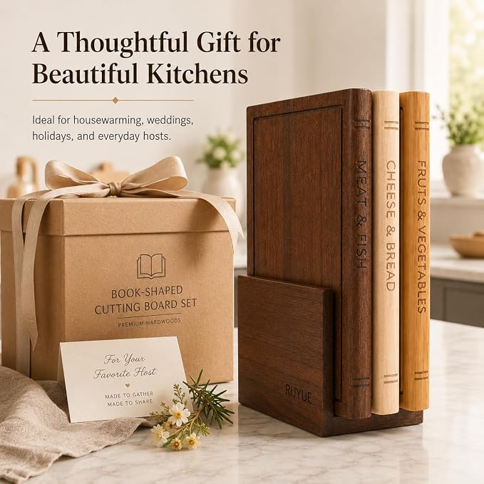 Book Shaped Cutting Board Set, 3 Boards, 13 x 10 x 0.8 Inches, Walnut Stand | Natural Maple, Sapele and Bamboo, Food-Safe Wax Oil Finish, Knife-Friendly Surfaces, Upright Display and Gift for Book Lovers