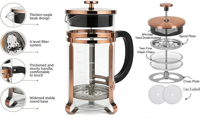 French Press Coffee Maker 34oz, Heat-Resistant Glass Coffee Maker-Bronze | Thickened Glass Stainless Steel, for Coffee, Cold Brew,Tea & Cocoa