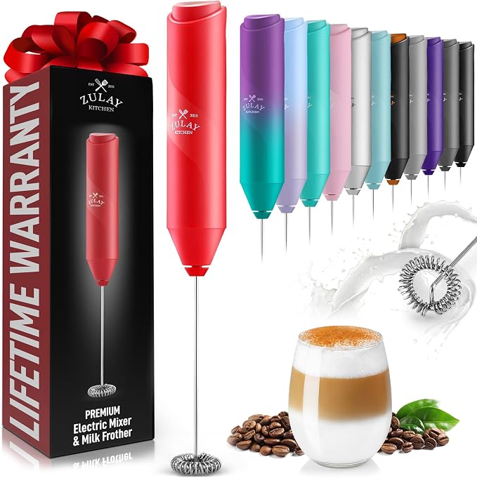 Zulay Kitchen Powerful Milk Frother Wand - Handheld Stainless Steel - Battery Operated Drink Mixer for Coffee, Lattes, Cappuccino, Matcha - Froth Mate Frother Gift - Apple Red