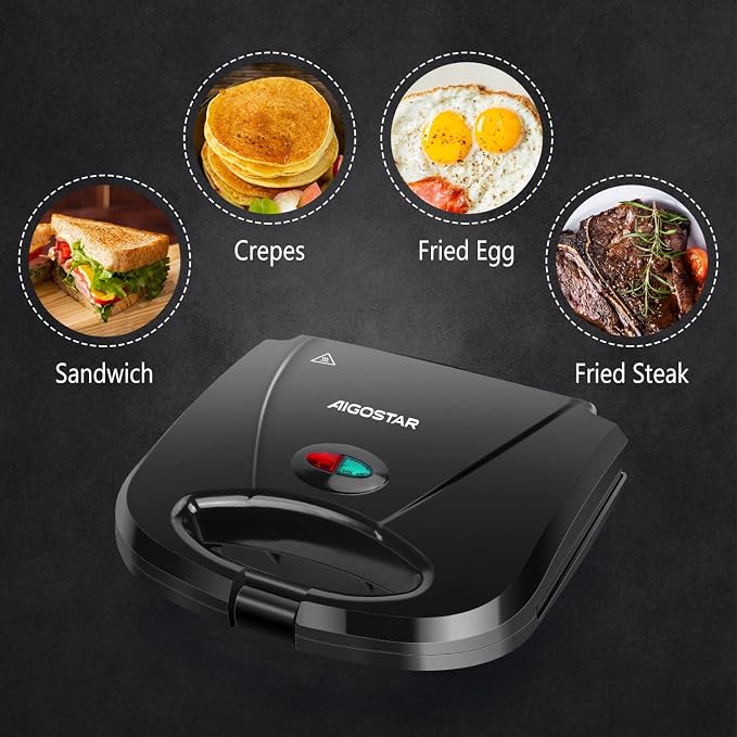 Aigostar Sandwich Maker Flat with Non-stick Deep Grill Surface, Black | 750W, Cool-Touch Handle, Overheat Protection, Compact Electric Grill for Egg, Ham, Steak, Tostadora de Pan, ETL Certificated