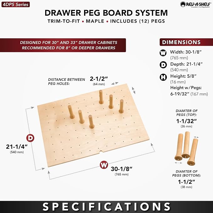 Rev-A-Shelf Trimmable Pegboard Drawer Divider Organizer | Trim to Custom Fit Wooden Kitchen Cabinet Storage Utensil, Pots & Dish Rack, 30 x 21, 4DPS-3021