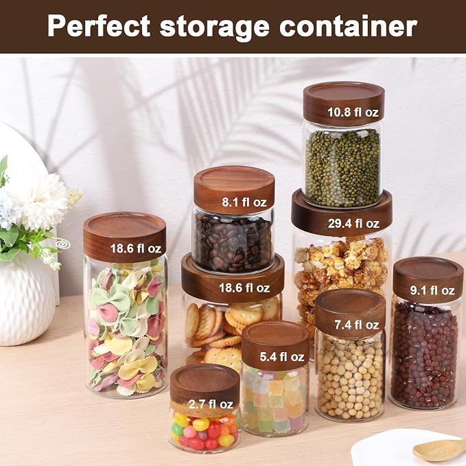 11oz Glass Jar with Wood Lid, 2 Pack 320ml Glass Canister with Airtight Lids, Wooden Screw Top Coffee Jars Clear Kitchen Pantry Containers for Sugar, Tea, Overnight Oats, Bean, Candy, Cookie