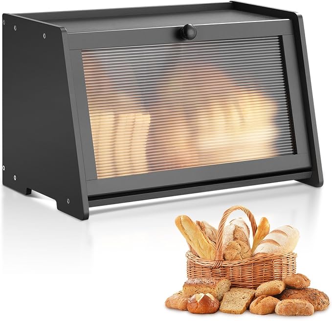 VEVOR Bread Box for Kitchen Counter, Large Capacity Bamboo Bread Storage Container, Farmhouse Wooden Breadbox Organizer for Homemade Bread, Storage Holder Bin with Acrylic Wavy Door Panel, Black