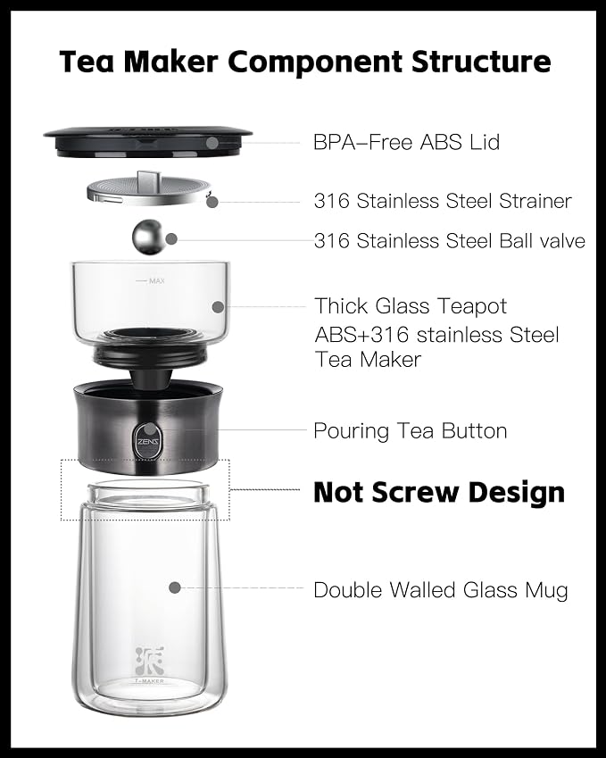 ZENS Modern Tea Infuser Teapot, One Touch Tea Maker for Loos Leaf Tea | Glass Magic Tea Pot, Mess free Tea Steeper with Insulated Mug, Portable Tea Infuser with Case for Tea Lovers