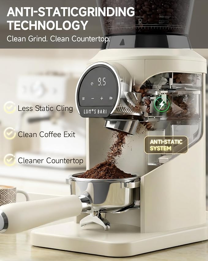 Conical Burr Coffee Grinder with 40mm Stainless Steel Burr, 34 Grind Settings Anti-static, Electric Espresso Grinder for Home Use – Perfect for Espresso, Drip Coffee, French Press & Cold Brew, White