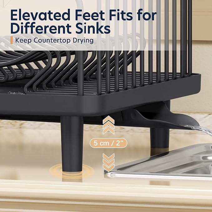 KINGRACK Dish Drying Rack for Kitchen Counter, Dish Drainer with Cup Holder | 16.9"L x 12.4" W Dish Rack with Spacious Drying Capacity, Quick Auto Dish Drainer for Plate Dish Dinnerware, Black