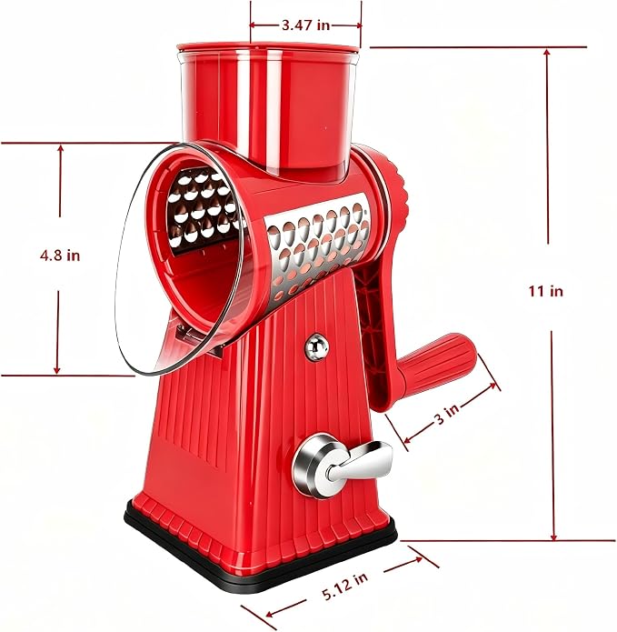 Rotary Cheese Grater with 5 Well-designed Blades & Strong Suction Base, Kitchen Mandoline Vegetable Slicer with Blade Storage Box (RED)
