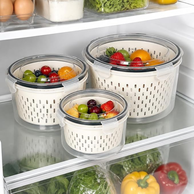 3 Piece Fruit & Berry Storage Boxes with Lid for Refrigerator, Round Berry Containers for Blueberries, Strawberries & Fruits, Food Storage Containers for Fresh Keeping