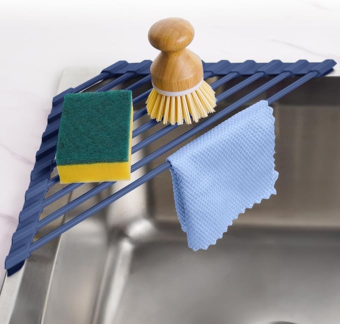Tomorotec Roll Up Dish Drying Rack with Silicone Coating, Dark Blue | 304 Stainless Steel with BPA-Free Silicone, Triangle Design Maximizes Sink Corner Space, Fits Compact Kitchens And RVs