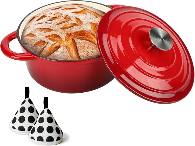 Cast Iron Dutch Oven,3 QT Dutch Oven Pot with lid Heavy Duty Dutch Ovens Enameled Cast Iron Pot Dual Handles Cookware for Baking Bread,Braiser,Soup,Meat, Ideal for Family, Cerise
