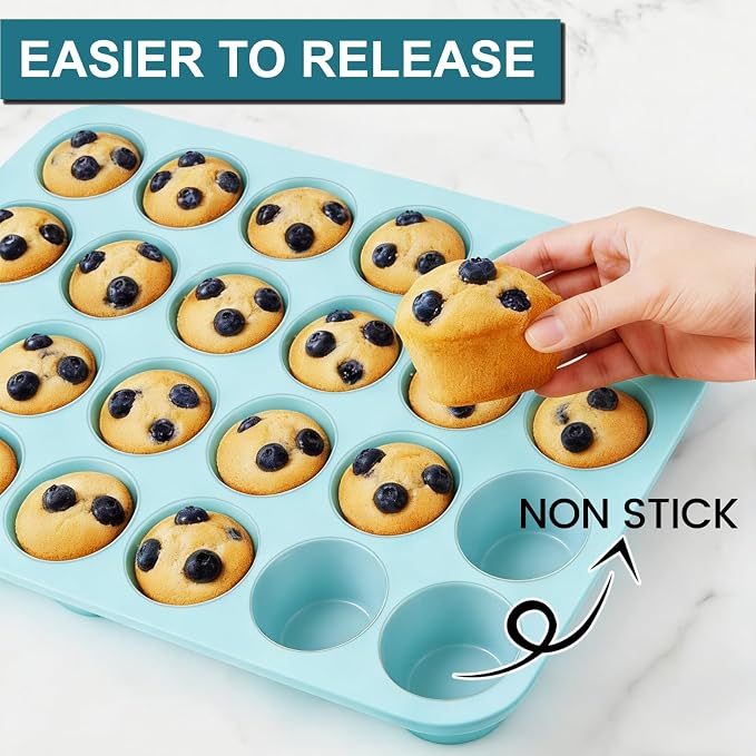CAKETIME Silicone Mini Muffin Pan, 2 Pack 24 Cups Nonstick Mini Cupcake Pan for Baking Muffin, Cupcake, Egg Bites, Fat Bomb