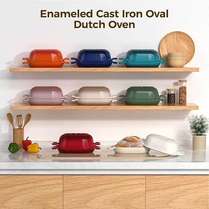 Wildone Enameled Cast Iron Dutch Oven Pot with Lid, Oval Bread Oven | Loaf Cast Iron Bread Pan for Homemade Bread Baking, Meatloaf Pan with Lid, 5.5QT, Cream White