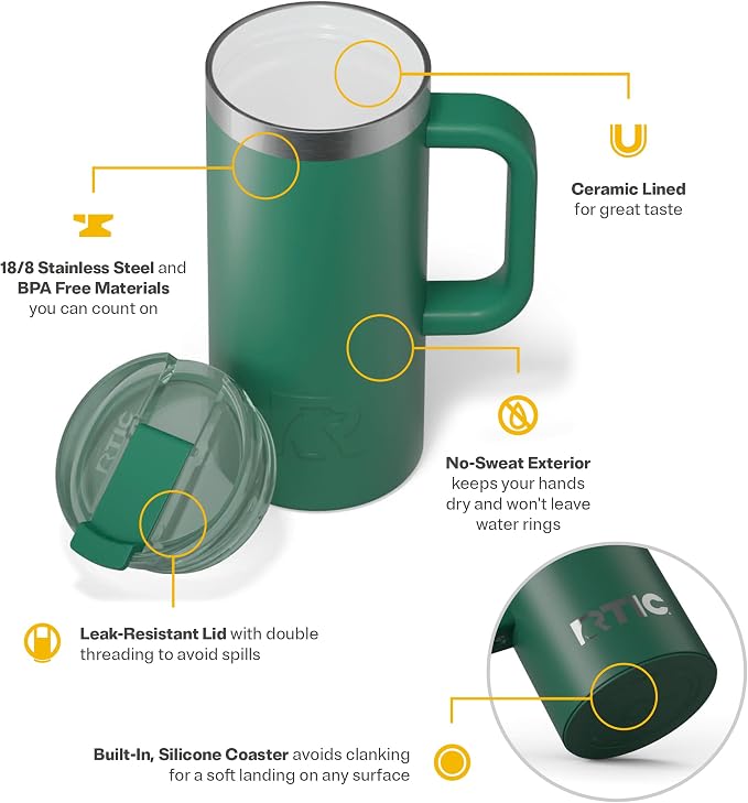 RTIC 16oz Road Trip Travel Mug with Lid and Handle, Ceramic Lined, Insulated, Stainless Steel, Metal, Double Wall Vacuum-Insulation, Portable Coffee, Tea Cup for Hot and Cold Drink, Pine Tree
