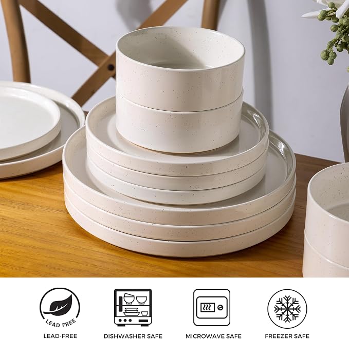 AmorArc Stoneware Dinnerware Sets for 4,12 Pcs Plates and Bowls Set | Handmade Ceramic Dish Set,Dishwasher & Microwave Safe,Scratch Resistant-Beige