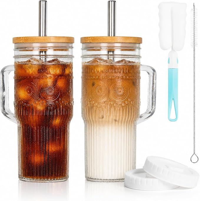JunVpic Glass Tumbler, 24 oz Ice Coffee Cups with Bamboo Lid and Handle | Stainless steel straws and cleaning brushes, boho pattern design for iced coffee, smoothies, tea and daily drinks