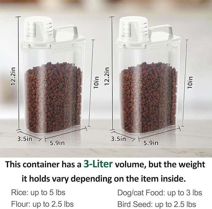 2 Pack 3 Lbs Pet Dog Cat Bird Seed Food Storage Containers for Travel Beige | Airtight Flour Container 5 Lbs with Large Pour Spout Measuring Cup Portable Rice Dispenser Cereal Oatmeal Holder