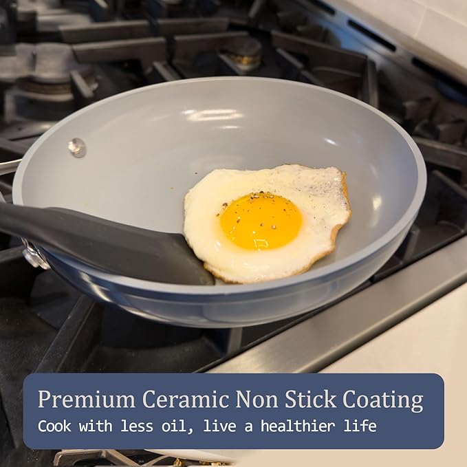 CookinCraze Premium Ceramic Sauté Pan with Lid, 4.5 QT Nonstick Deep Pan | for Healthy Everyday Cooking, PFAS & PTFE Free, Induction Compatible, Oven Safe up to 500°F, Stay-Cool Handle, Navy Blue