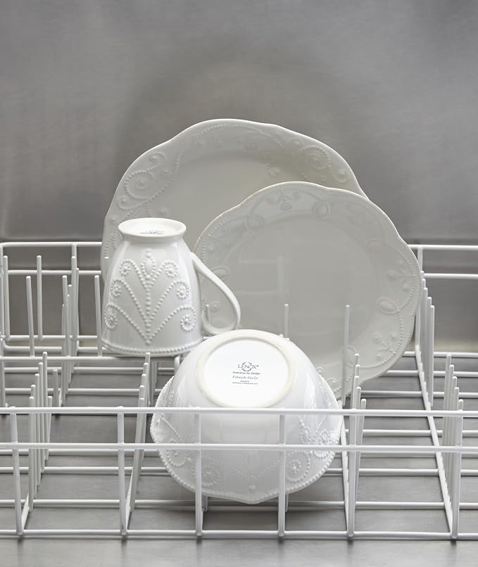 Lenox French Perle White Stoneware 16-Piece Dinnerware Set for 4 | dishwasher safe, microwave safe | plates and bowls sets for kitchen and dining, dish set, dishes, gift for women
