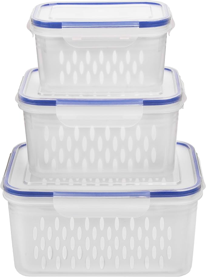 Fruit and Vegetable Storage Containers for Fridge, 6 Pcs/3 Sets Keep Fresh Produce Saver Containers Keeper, Food Storage Containers with Removable Colander (blue)