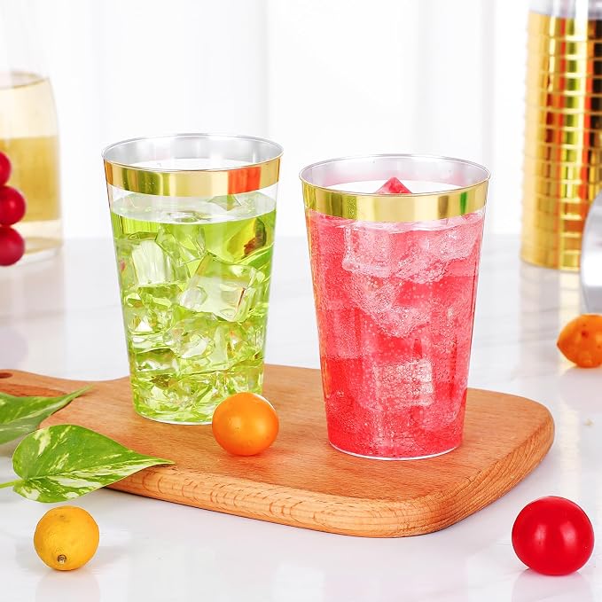 BYSNOW 100 Pack 12 oz Gold Plastic Cups, Disposable Clear Plastic Cups for Cocktail Party With Heat Resistance (12oz 100count Gold) | Disposable Heavy Duty Clear Cups, Hard Punch Plastic Wine Cocktail Glasses Cups for Party, Wedding, Home, Soda, Juice