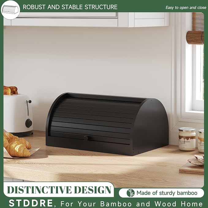 STDDRE Corner Bread Box for Kitchen Countertop Roll Top Bread Box Kitchen Food Storage Box for Homemade Bread Bread Holder for Kitchen Counter Pantry Shelf (Black)
