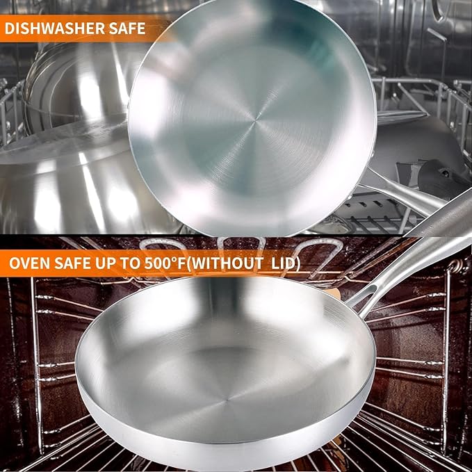 DELARLO Tri-Ply Stainless Steel Frying Pan 8" kitchen skillet | Stainless Steel Pan Cooking Heat fast and evenly Compatible with All Cooktops Dishwasher and Oven Safe