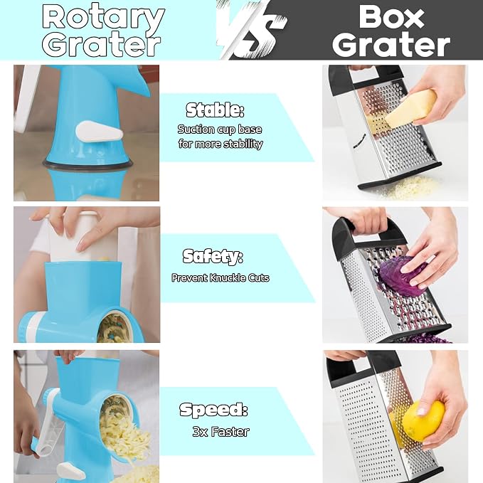 Cheese Grater with Handle,Multifunctional Rotary Cheese Grater | Kitchen Cheese Shredder Can Easily Chop Vegetables,Potatoes,Carrots,Etc.The Suction Cup is Stable and Easy to Clean