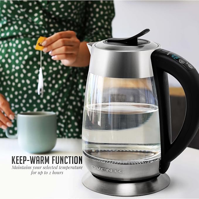 OVENTE 1.8L Glass Electric Kettle with Tea Infuser, Silver KG661S | 1500W Fast Boiling, Easy Fill Lid, 6 Temperature Control, Keep Warm, Digital Display, BPA-Free, Auto Shut-Off, 360° Base