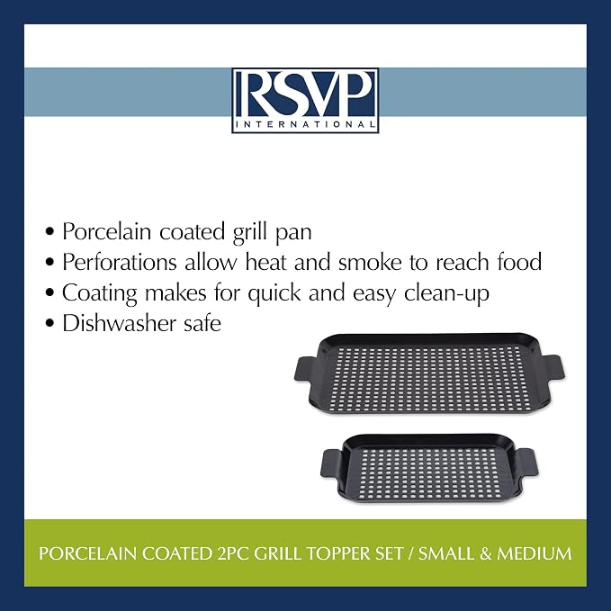 RSVP International Porcelain Coated Steel BBQ Grill Tray/Pan, Outdoor Barbeque Grilling Accessories for Cooking Fish & Vegetables, Dishwasher Safe, Small, 13x7.25/Medium, 16.75x10"