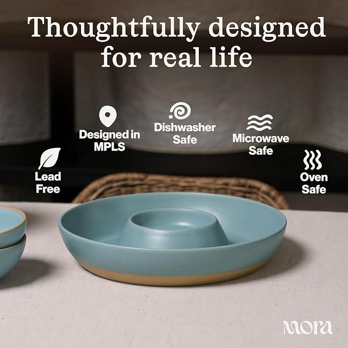 Mora Ceramic Chips and Dip Serving Tray: Large Divided Party Bowl Set for Chips & Salsa, Veggies & Dip, Fruit, Snacks, Entertaining, Hosting, etc. Minimalist Design for the Modern Hostess - Nebula